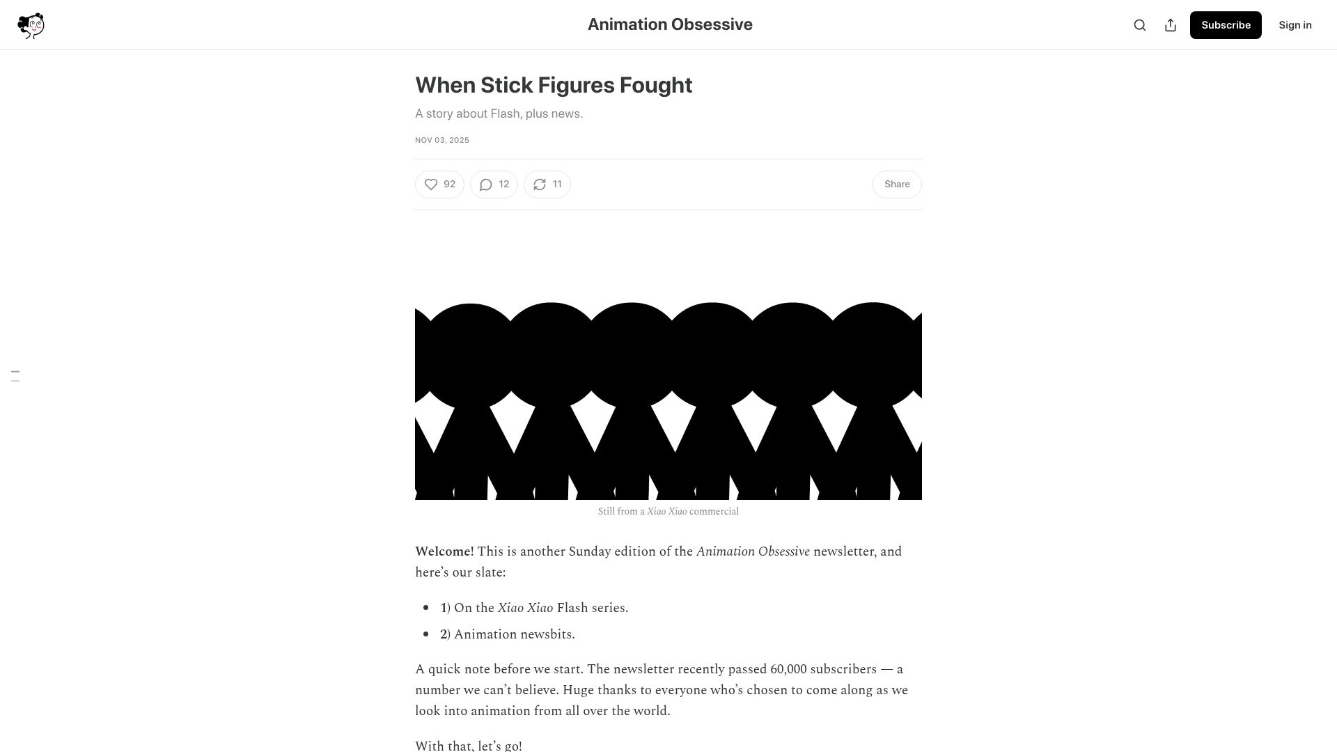 Screenshot of animationobsessive.substack.com: When stick figures fought