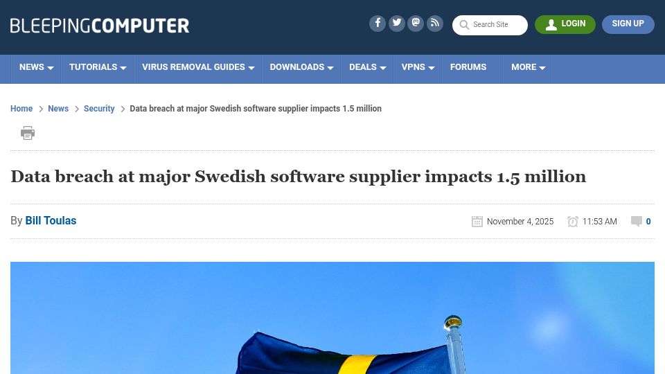 Screenshot of bleepingcomputer.com: Data breach at major Swedish software supplier impacts 1.5M