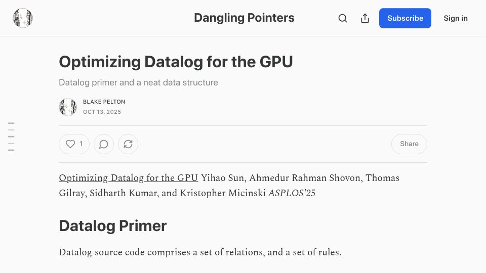 Screenshot of danglingpointers.substack.com: Optimizing Datalog for the GPU