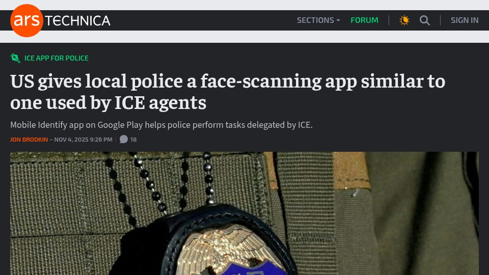 Screenshot of arstechnica.com: US gives local police a face-scanning app similar to one used by ICE agents