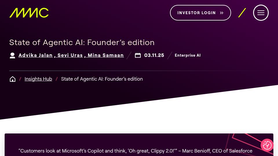 Screenshot of mmc.vc: Lessons from interviews on deploying AI Agents in production