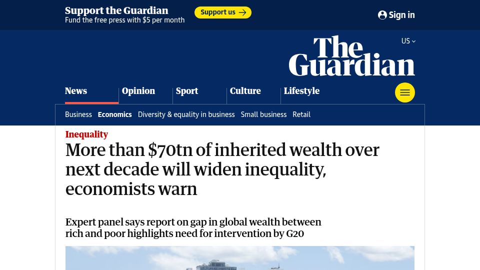 Screenshot of theguardian.com: Over $70T of inherited wealth over next decade will widen inequality, economists