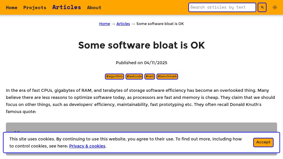 Screenshot of waspdev.com: Some software bloat is OK
