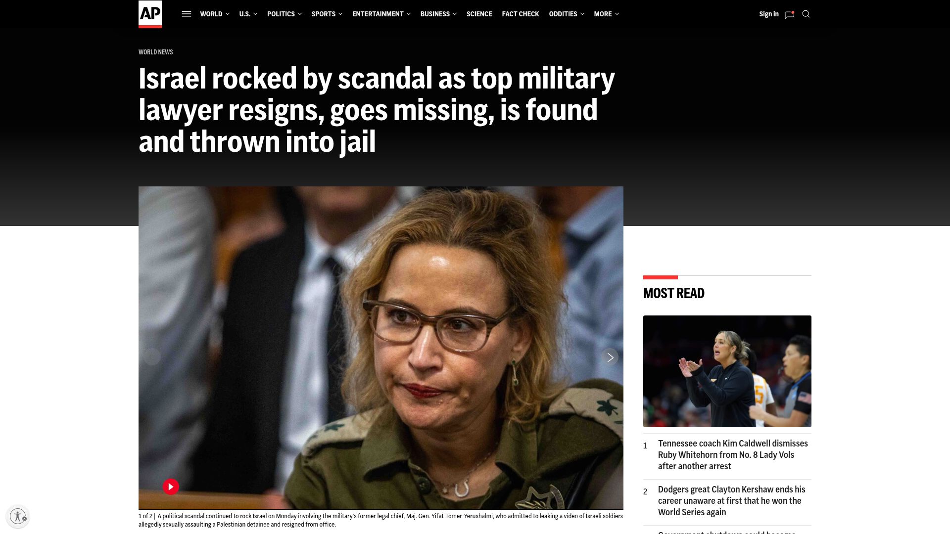 Screenshot of apnews.com: Israels top military lawyer resigns, goes missing, is found and thrown into jail