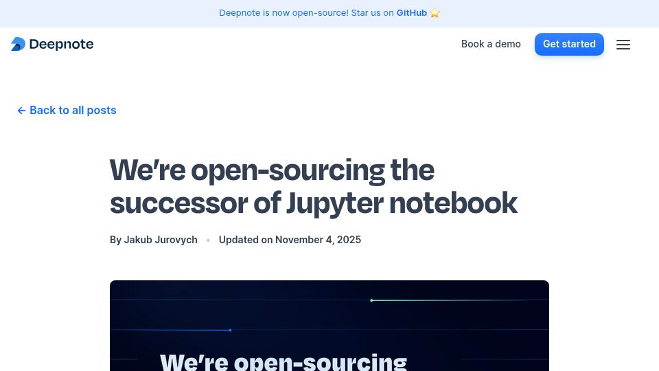 Screenshot of deepnote.com: We're open-sourcing the successor of Jupyter notebook