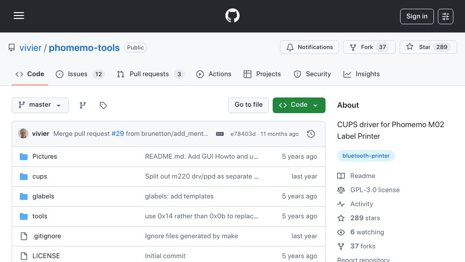 Screenshot of github.com: Reverse-engineered CUPS driver for Phomemo receipt/label printers