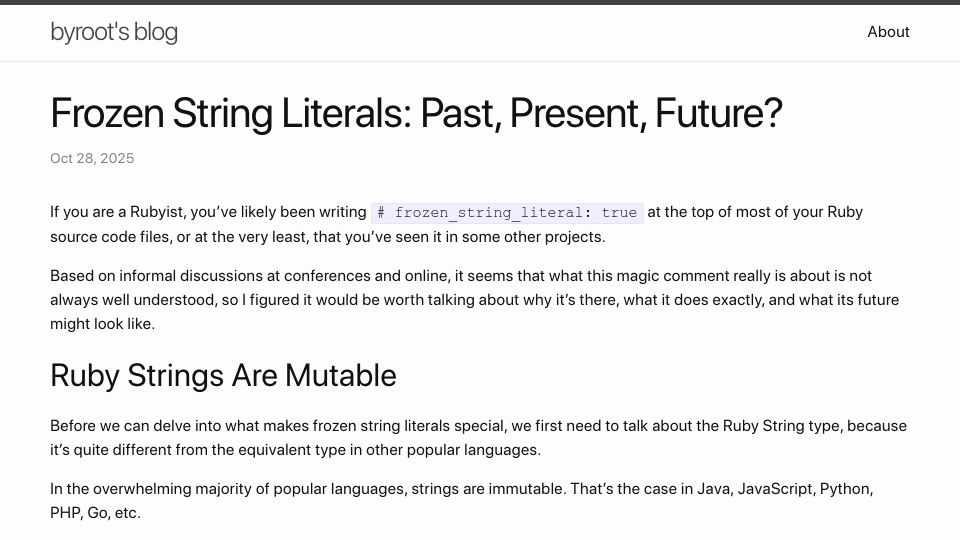 Screenshot of byroot.github.io: Frozen String Literals: Past, Present, Future?