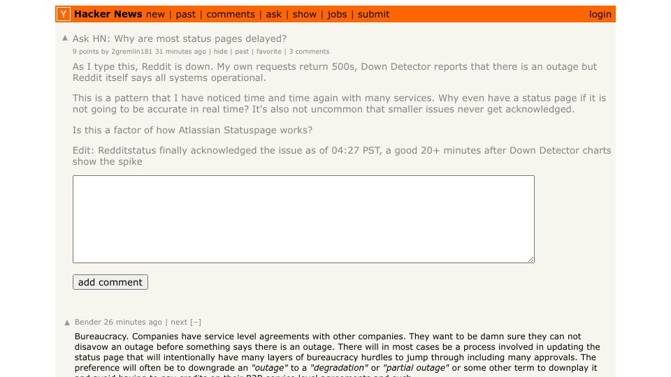 Screenshot of Hacker News post: Ask HN: Why are most status pages delayed?