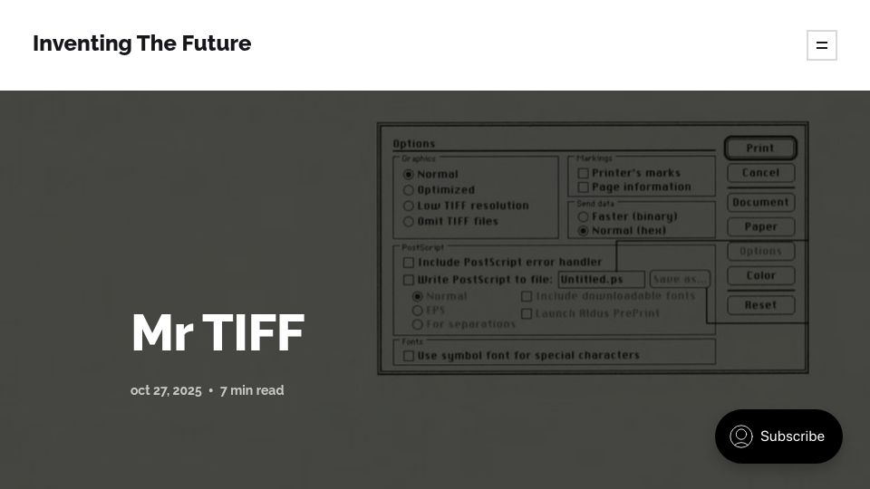 Screenshot of inventingthefuture.ghost.io: Mr TIFF