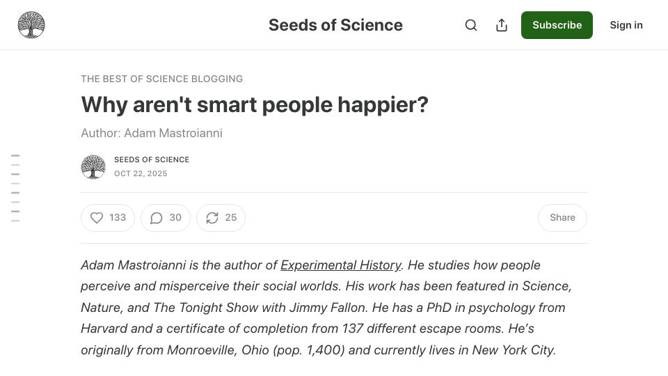 Screenshot of theseedsofscience.pub: Why aren't smart people happier?