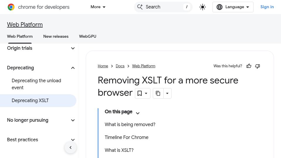 Screenshot of developer.chrome.com: Removing XSLT for a more secure browser