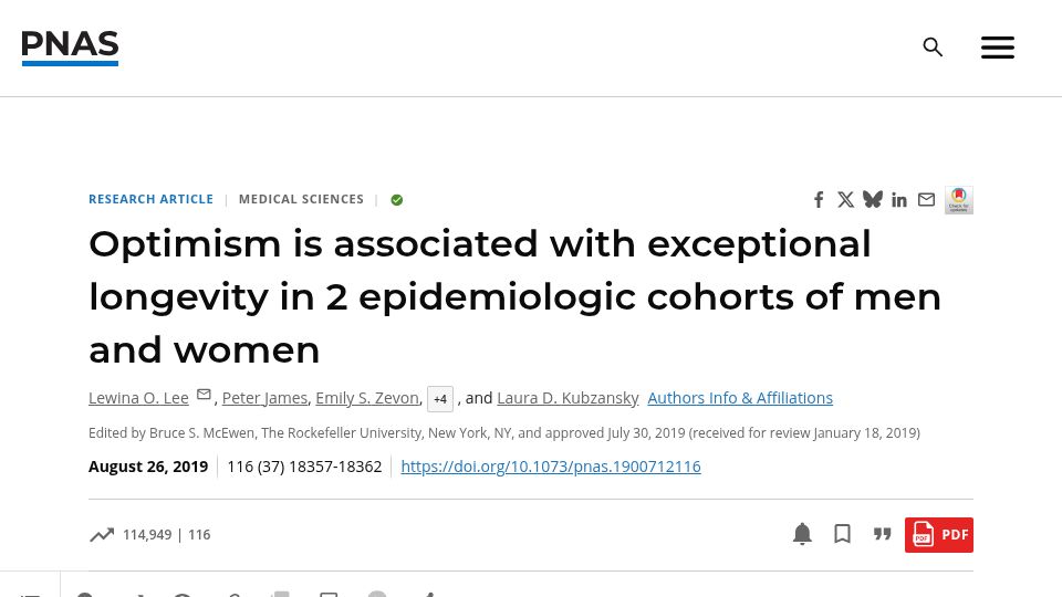 Screenshot of pnas.org: Optimism associated with exceptional longevity (2019)