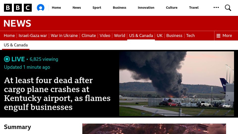 Screenshot of bbc.com: At least 3 dead after cargo plane crashes at Kentucky airport