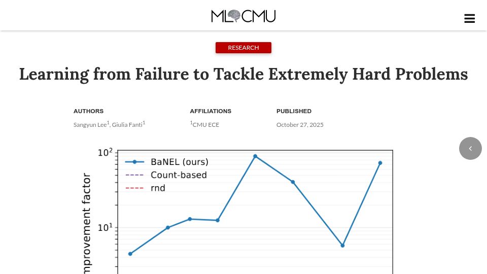 Screenshot of blog.ml.cmu.edu: Learning from failure to tackle hard problems