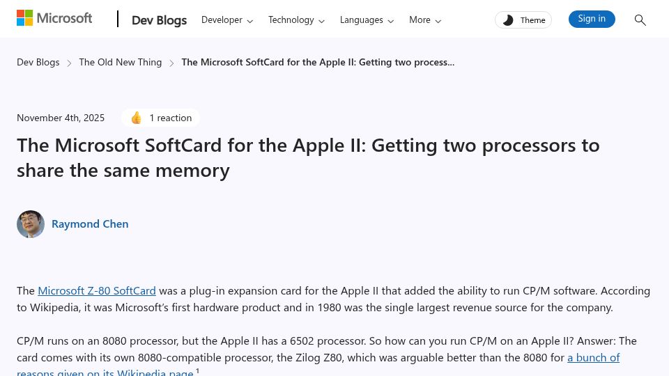 Screenshot of devblogs.microsoft.com: The Microsoft SoftCard for the Apple II: Getting two processors to share memory