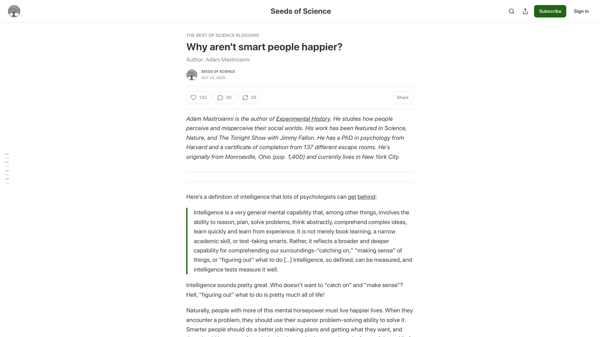 Screenshot of theseedsofscience.pub: Why aren't smart people happier?