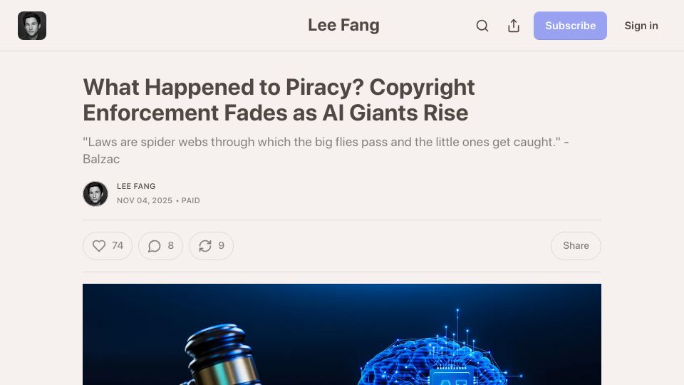 Screenshot of leefang.com: What Happened to Piracy? Copyright Enforcement Fades as AI Giants Rise