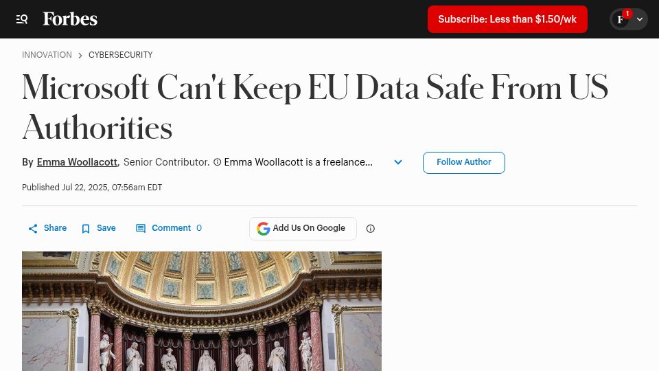 Screenshot of forbes.com: Microsoft Can't Keep EU Data Safe from US Authorities