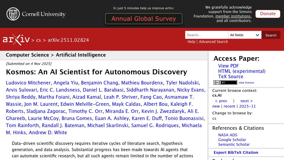 Screenshot of arxiv.org: Kosmos: An AI Scientist for Autonomous Discovery