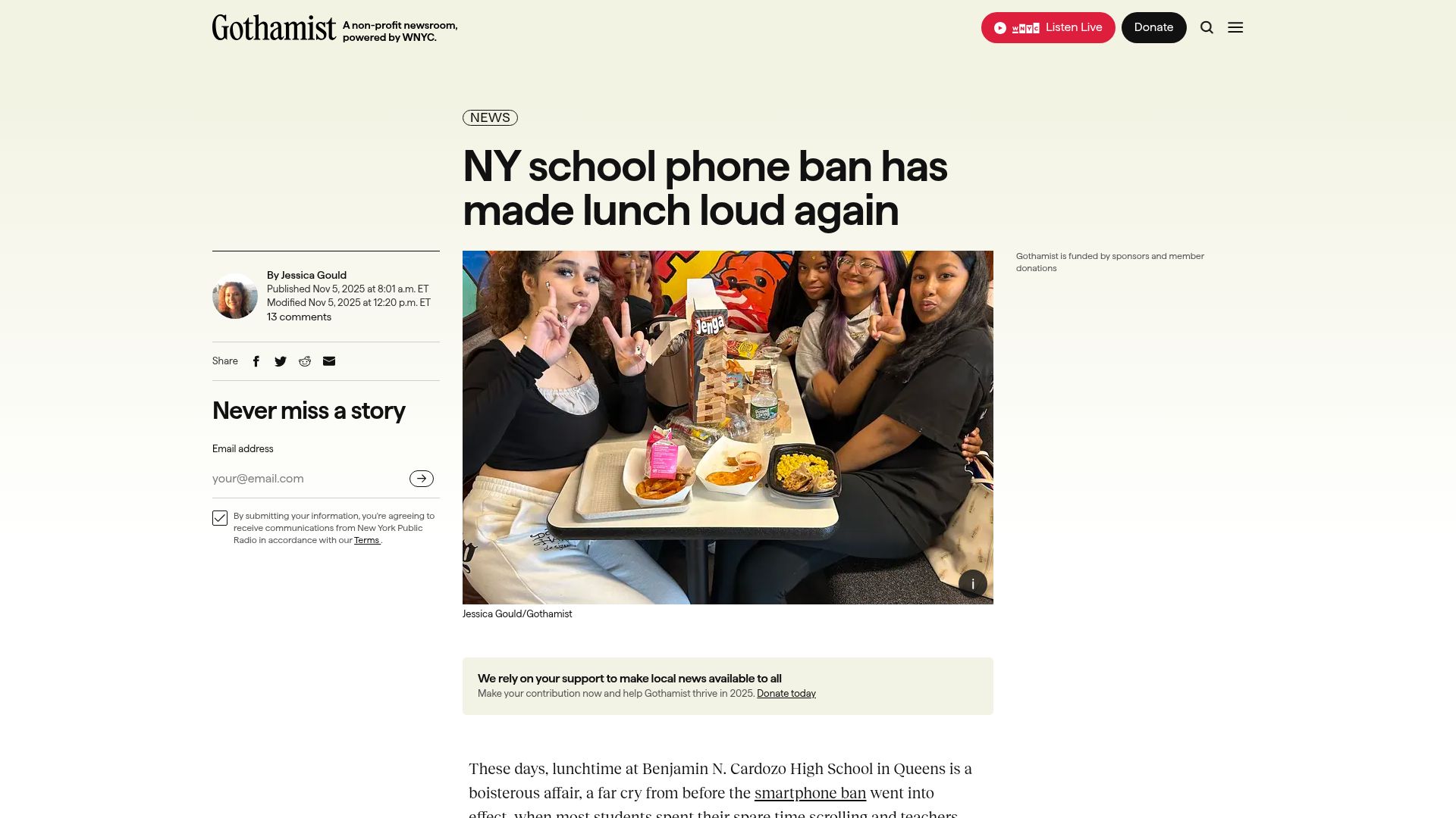 Screenshot of gothamist.com: NY school phone ban has made lunch loud again