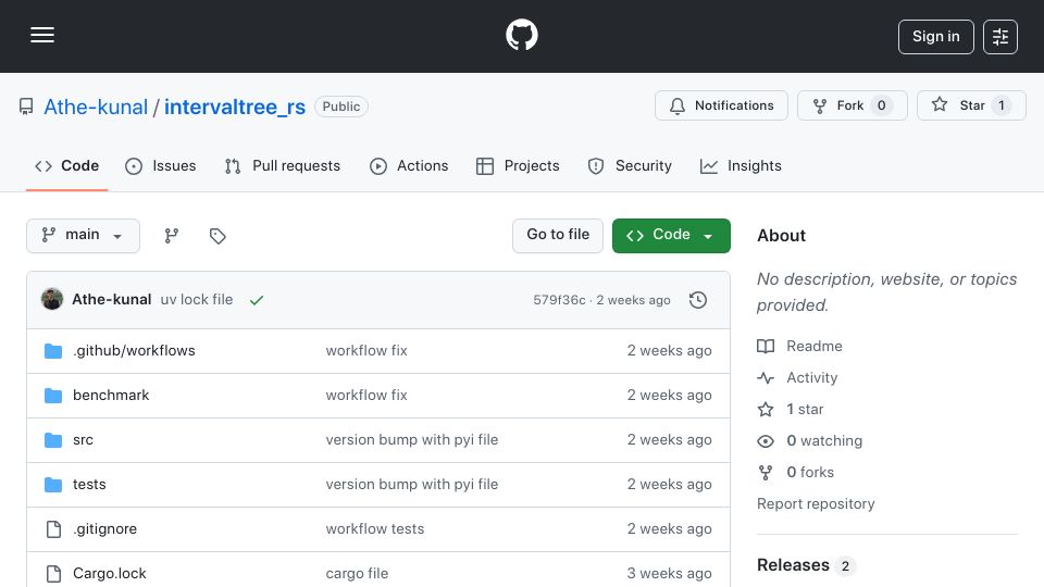 Screenshot of github.com: Intervaltree with Rust Back End