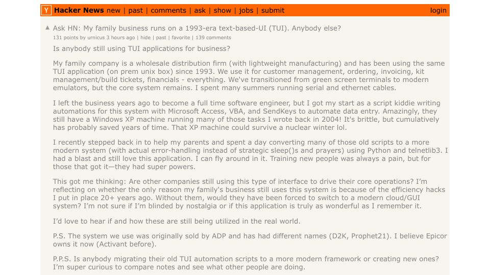 Screenshot of Hacker News post: Ask HN: My family business runs on a 1993-era text-based-UI (TUI). Anybody else?