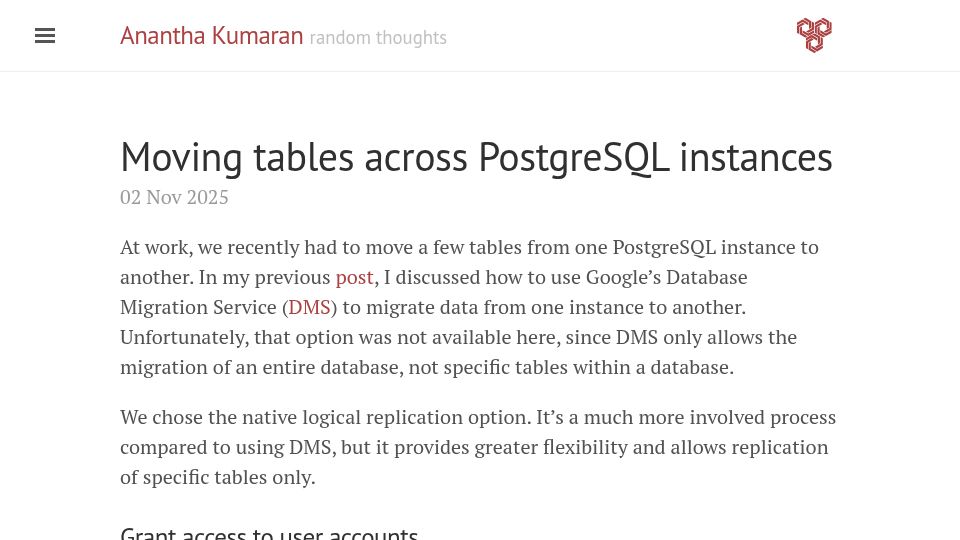 Screenshot of ananthakumaran.in: Moving tables across PostgreSQL instances
