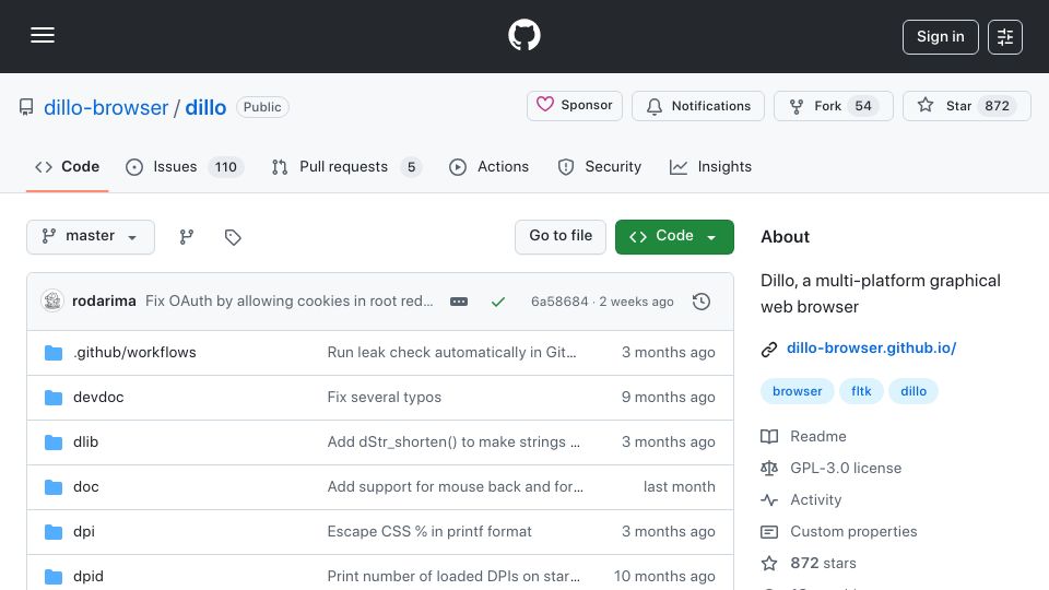 Screenshot of github.com: Dillo, a multi-platform graphical web browser