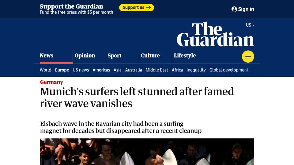 Screenshot of theguardian.com: Munich's surfers left stunned after famed river wave vanishes