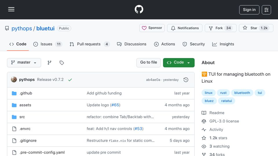 Screenshot of github.com: Bluetui – A TUI for managing Bluetooth on Linux