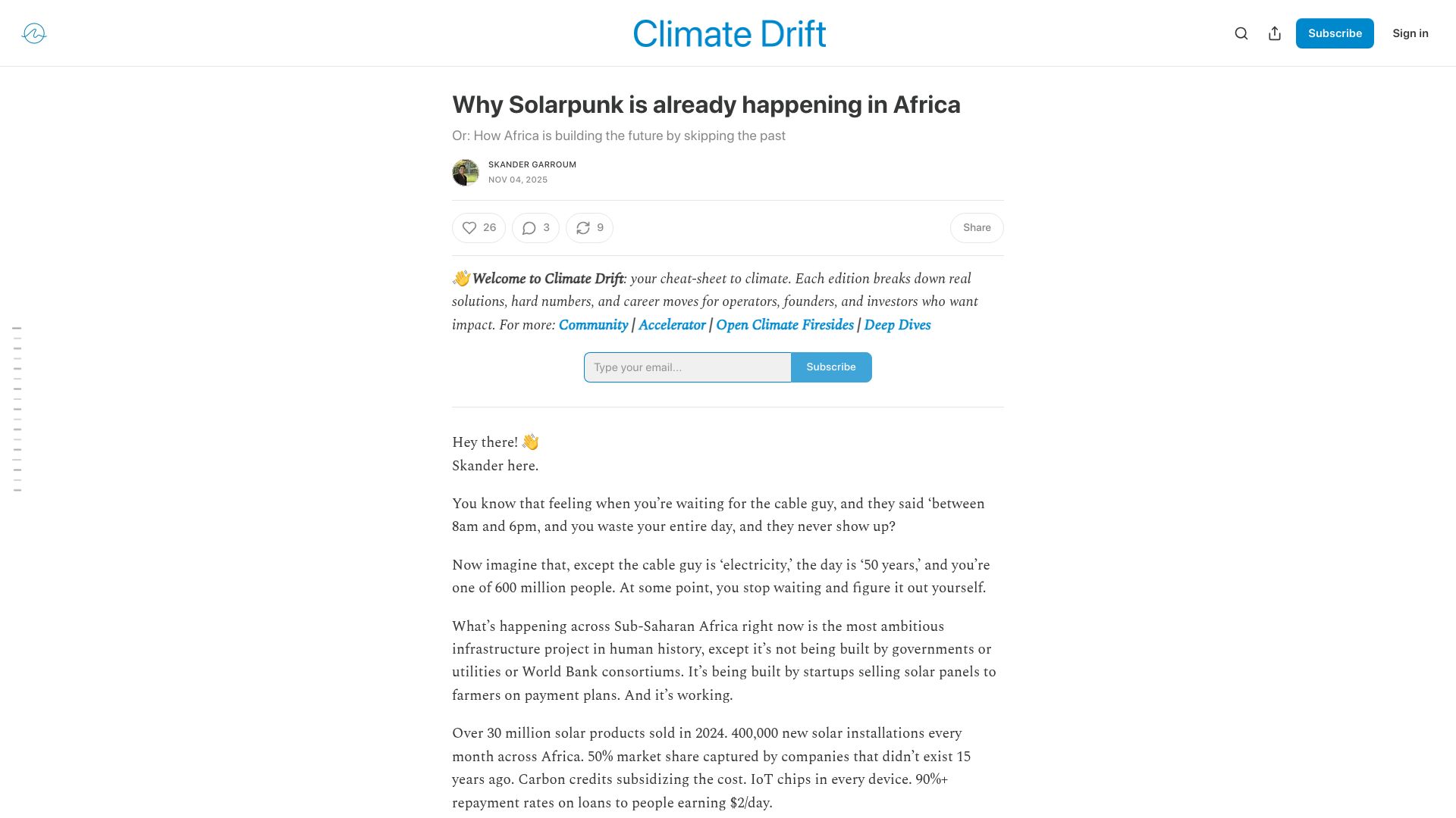 Screenshot of climatedrift.substack.com: Solarpunk is happening in Africa