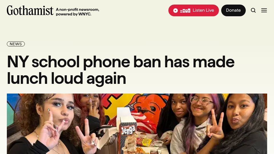 Screenshot of gothamist.com: NY school phone ban has made lunch loud again