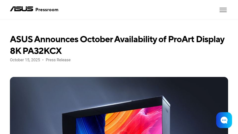 Screenshot of press.asus.com: Asus Announces October Availability of ProArt Display 8K PA32KCX