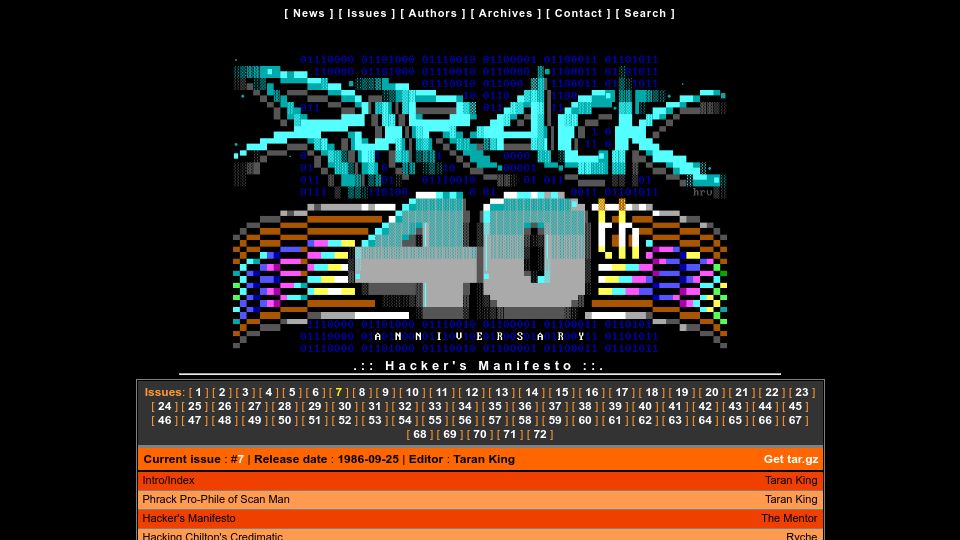 Screenshot of phrack.org: The Hacker’s Manifesto (1986)
