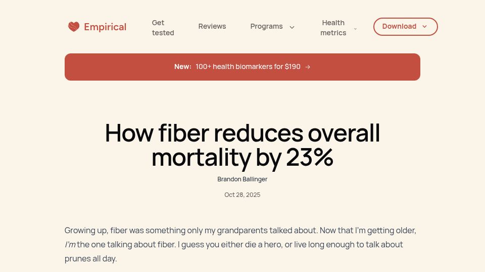 Screenshot of empirical.health: Fiber reduces overall mortality by 23%