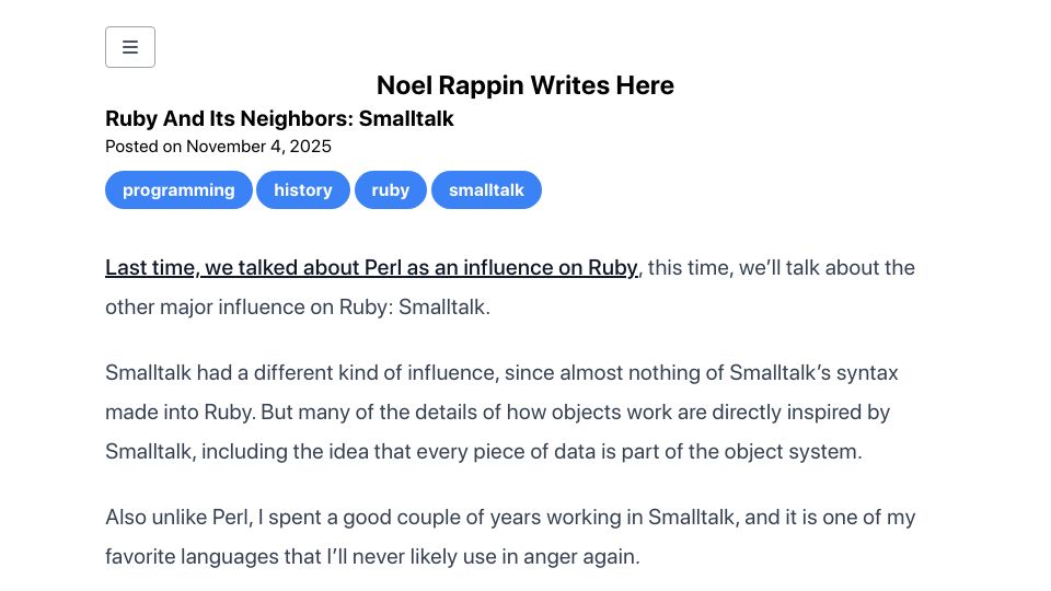 Screenshot of noelrappin.com: Ruby and Its Neighbors: Smalltalk