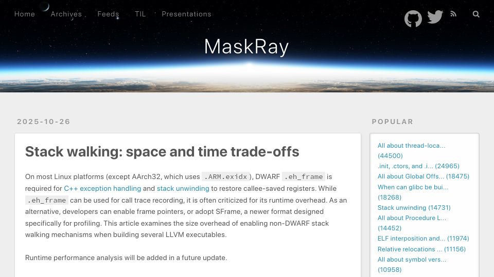 Screenshot of maskray.me: Stack walking: space and time trade-offs