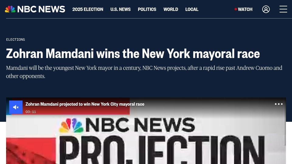 Screenshot of nbcnews.com: Zohran Mamdani wins the New York mayoral race