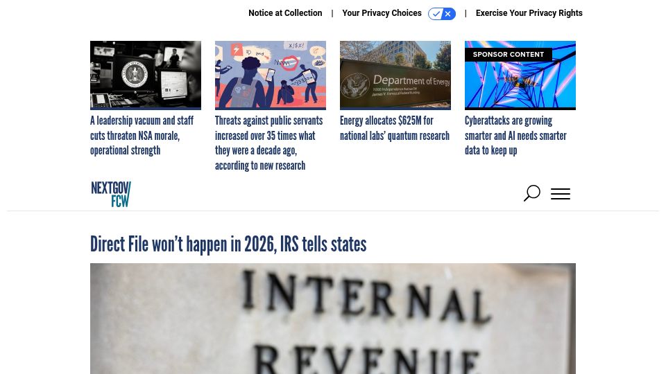 Screenshot of nextgov.com: Direct File won't happen in 2026, IRS tells states