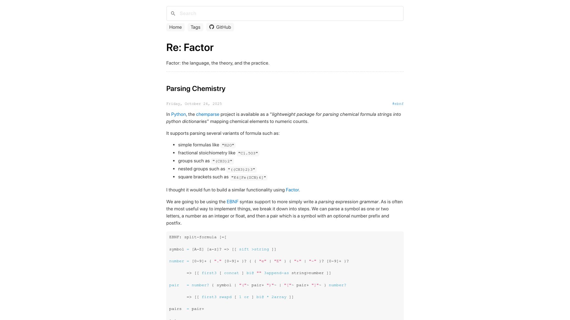 Screenshot of re.factorcode.org: Parsing Chemistry