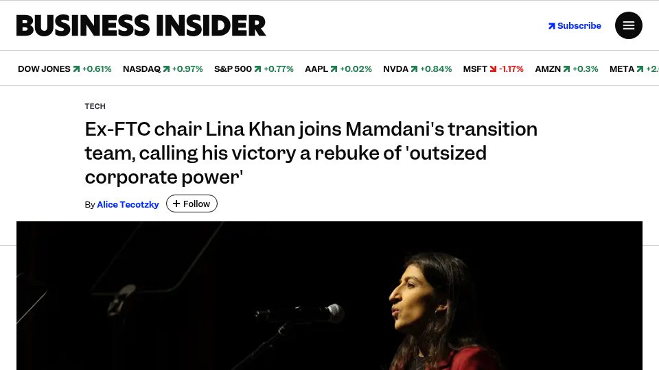 Screenshot of businessinsider.com: Ex-FTC chair Lina Khan joins Mamdani's transition team