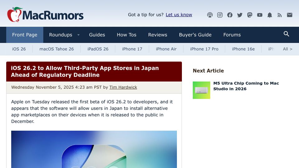 Screenshot of macrumors.com: iOS 26.2 to allow third-party app stores in Japan ahead of regulatory deadline