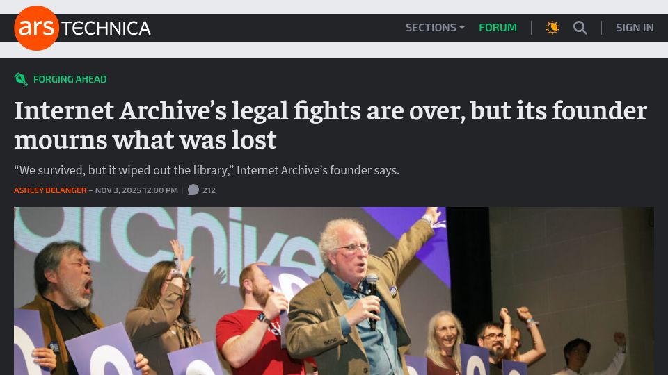 Screenshot of arstechnica.com: Internet Archive's legal fights are over, but its founder mourns what was lost