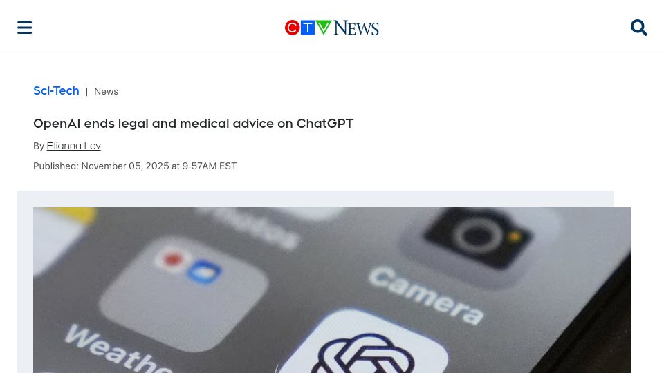 Screenshot of ctvnews.ca: ChatGPT terms disallow its use in providing legal and medical advice to others