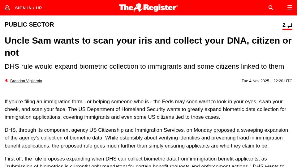 Screenshot of theregister.com: Uncle Sam wants to scan your iris and collect your DNA, citizen or not