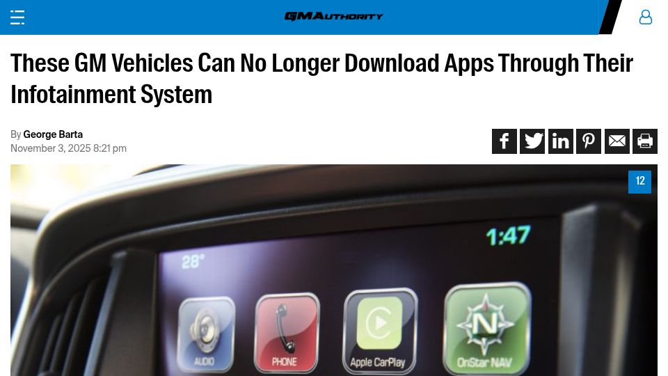 Screenshot of gmauthority.com: GM Deprecating In-Car App Store for Models as Recent as 2020