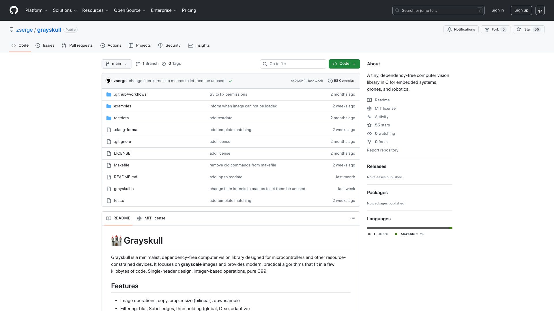 Screenshot of github.com: Grayskull: A tiny computer vision library in C for embedded systems, etc.