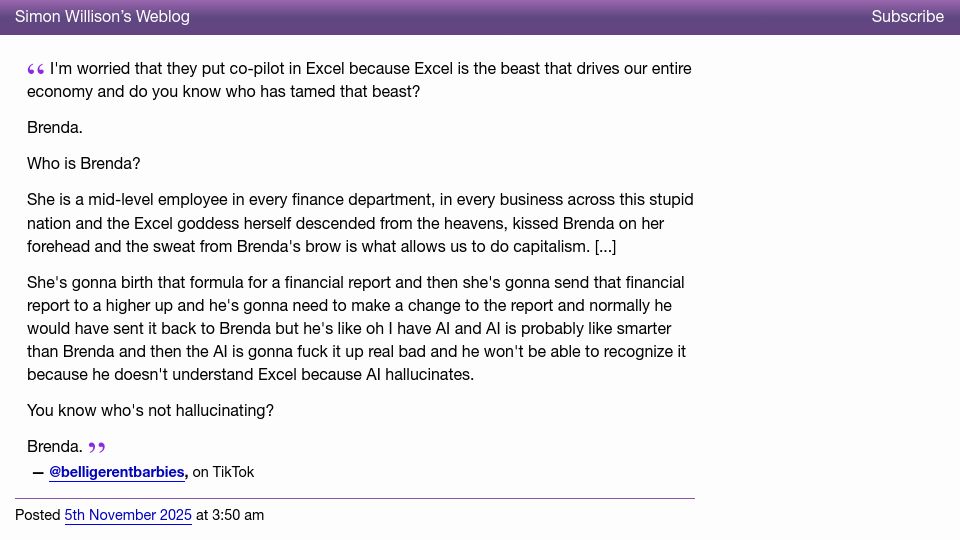 Screenshot of simonwillison.net: I’m worried that they put co-pilot in Excel