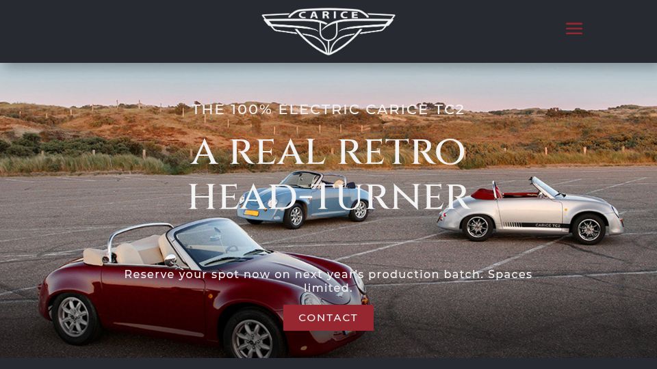 Screenshot of caricecars.com: Carice TC2 – A non-digital electric car