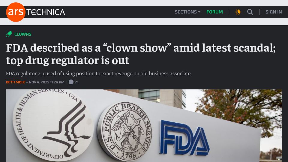 Screenshot of arstechnica.com: FDA described as a "clown show" amid latest scandal; top drug regulator is out